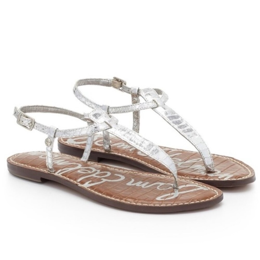 SAM EDELMAN “Gigi” T-Strap Thong Flat Sandal 7.5M Silver Metallic GUC